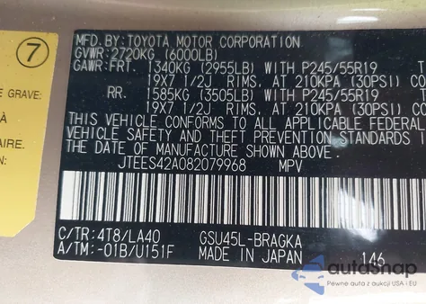 2008 Toyota Highlander Limited z USA, uszkodzony, nr VIN JTEES42A082079968